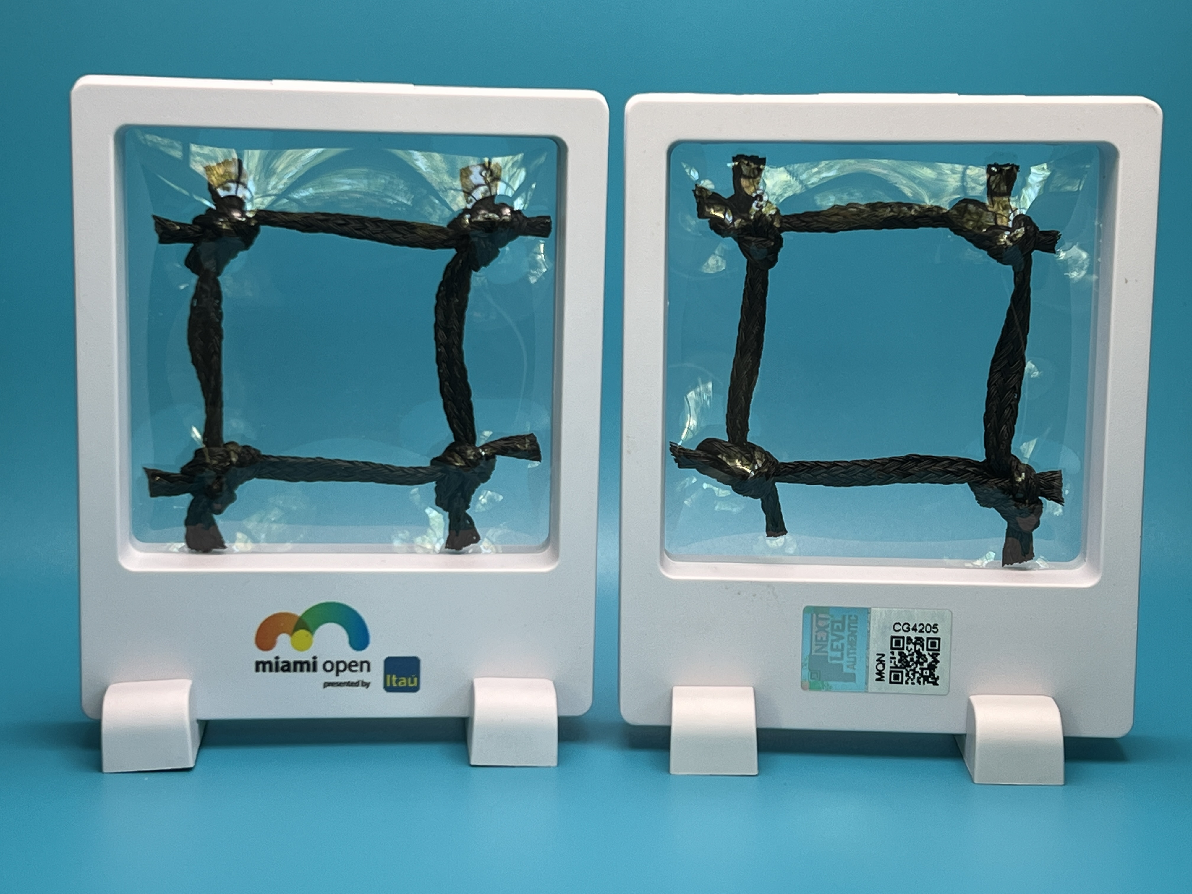 This is a square from the stadium court net used in the WTA 1000 women’s final match at the 2023 Miami Open presented by Itaú.  The match featured the #10 seed Elena Rybakina vs. the #15 seed Petra Kvitová, and was won by Kvitová in two sets.